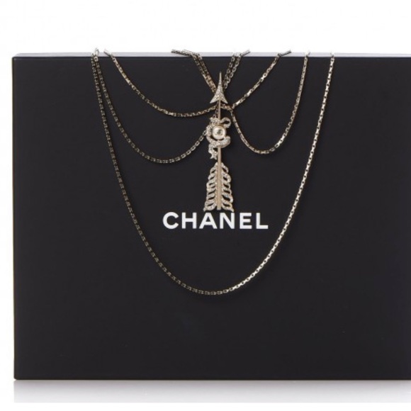 CHANEL Crystal Pearl Multi Strand Chain CC Arrow Necklace Gold - Picture 7 of 16